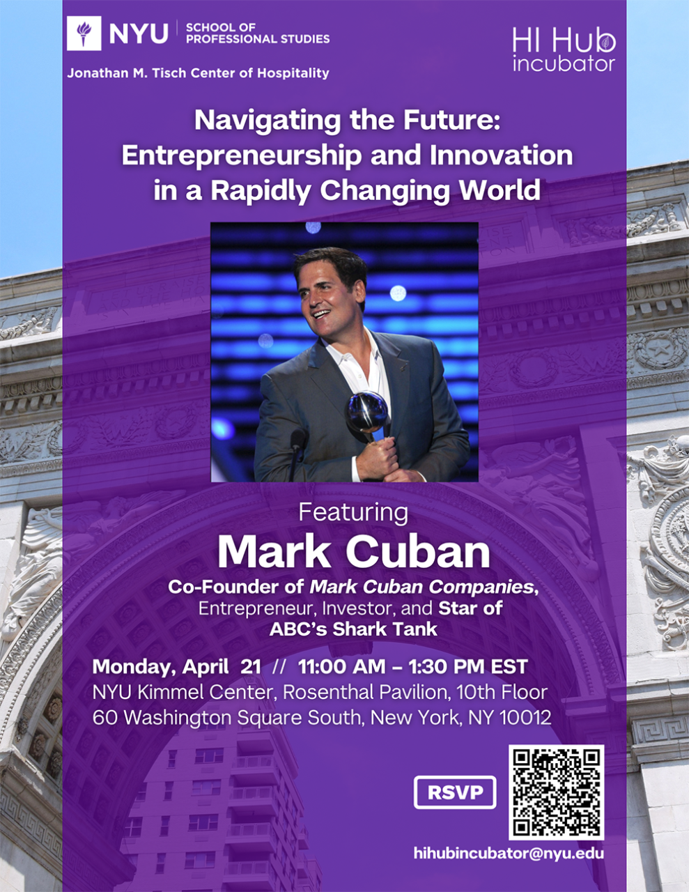 Navigating the Future: Entrepreneurship and Innovation in a Rapidly Changing World flyer with photo of Mark Cuban on stage